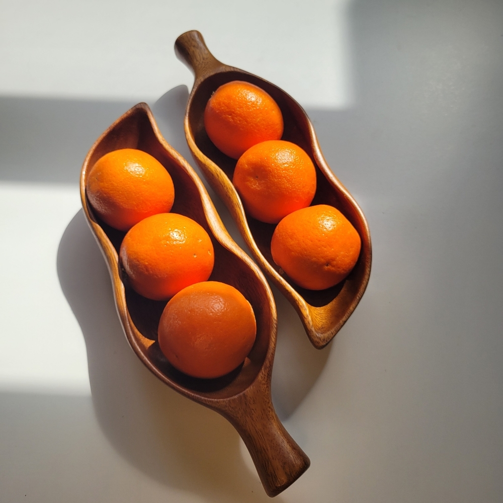 Orobilt VTG MCM Monkey Pod 12x4x2 Wood Set 2 Leaf Fruit Snack Bowl Fall Holidays